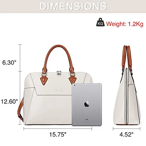BOSTANTEN Briefcase for Women Leather 15.6 inch Laptop Shoulder Bag Office Work Crossbody Handbag Beige-White