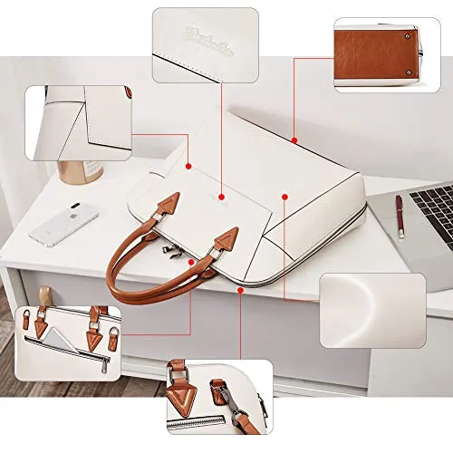 BOSTANTEN Briefcase for Women Leather 15.6 inch Laptop Shoulder Bag Office Work Crossbody Handbag Beige-White