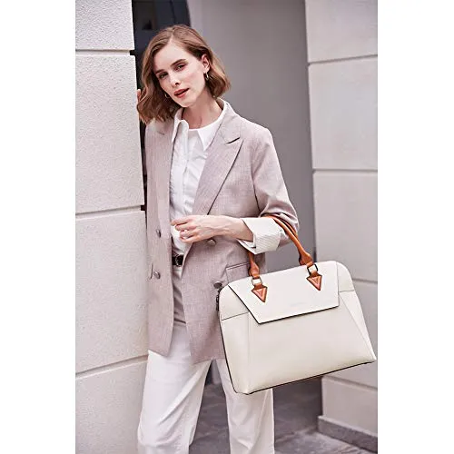 BOSTANTEN Briefcase for Women Leather 15.6 inch Laptop Shoulder Bag Office Work Crossbody Handbag Beige-White