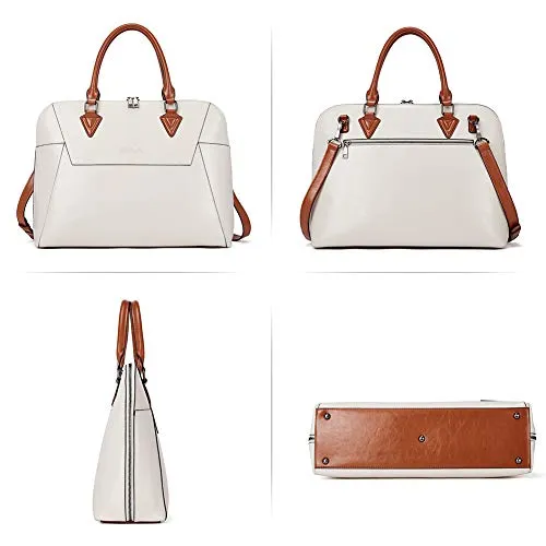 BOSTANTEN Briefcase for Women Leather 15.6 inch Laptop Shoulder Bag Office Work Crossbody Handbag Beige-White