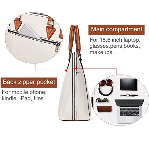 BOSTANTEN Briefcase for Women Leather 15.6 inch Laptop Shoulder Bag Office Work Crossbody Handbag Beige-White