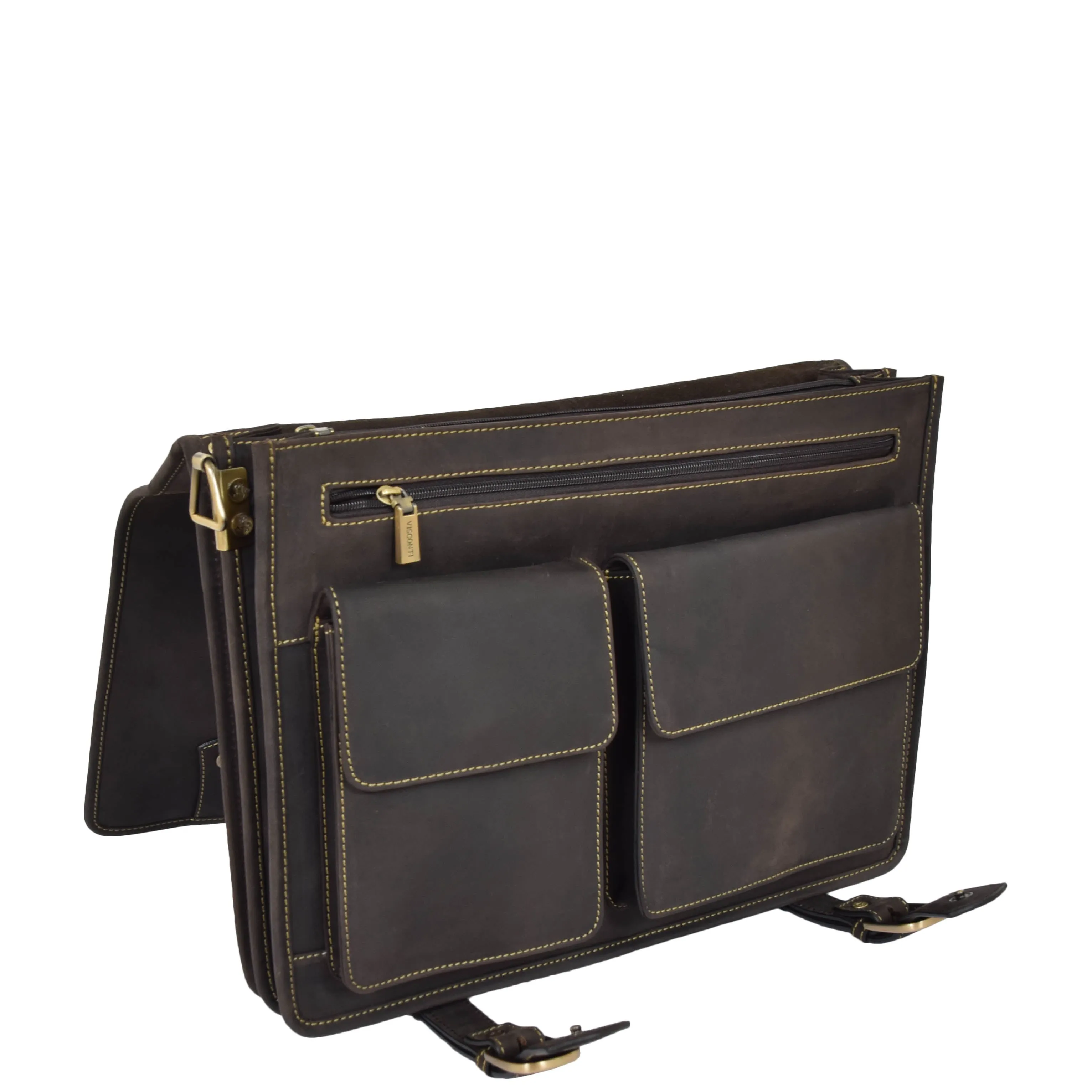 DR389 Men's Leather Cross Body Briefcase Oil Brown