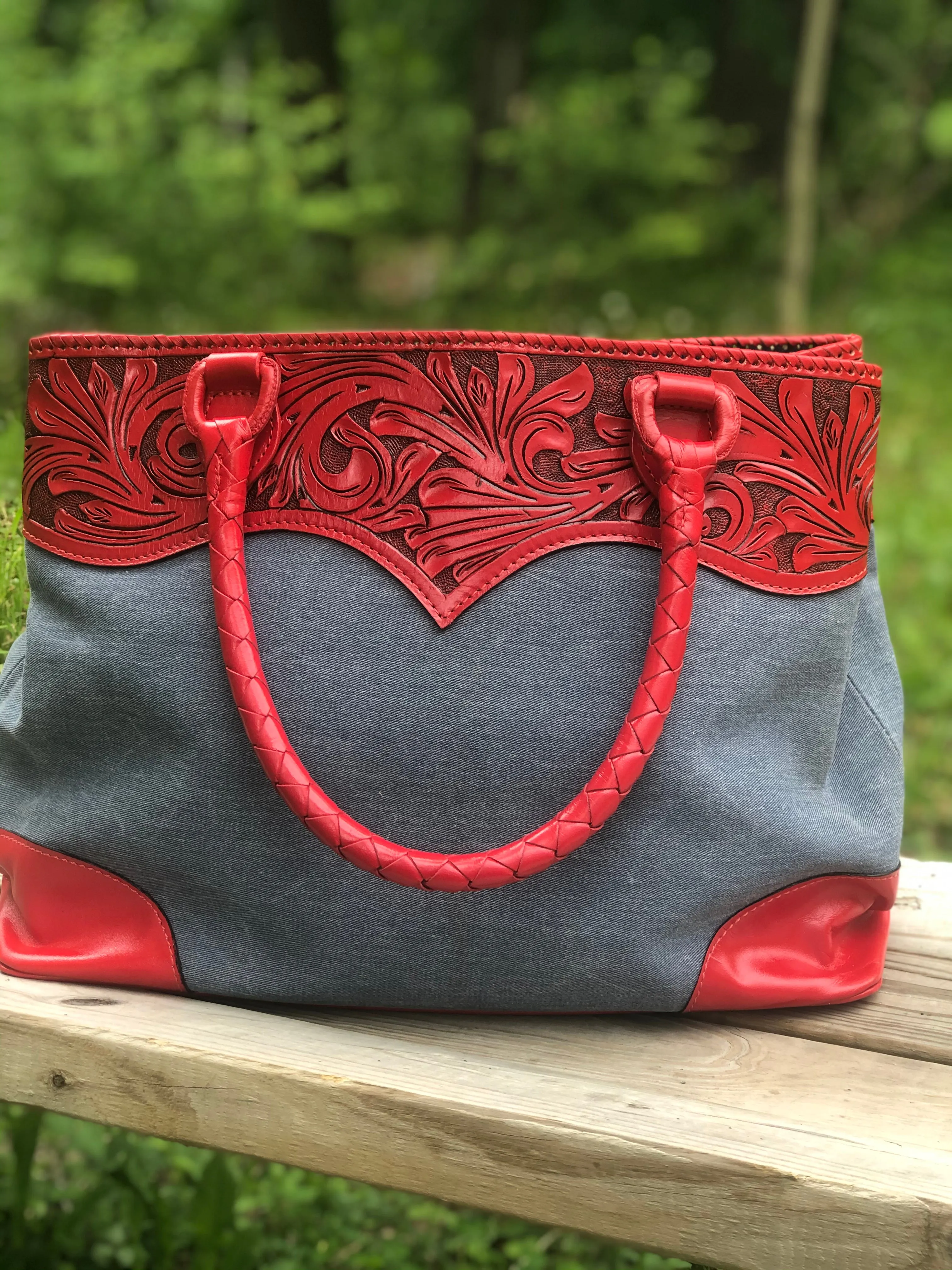 Hand-Tooled Leather & Denim Tote "Denim" by ALLE more Colors