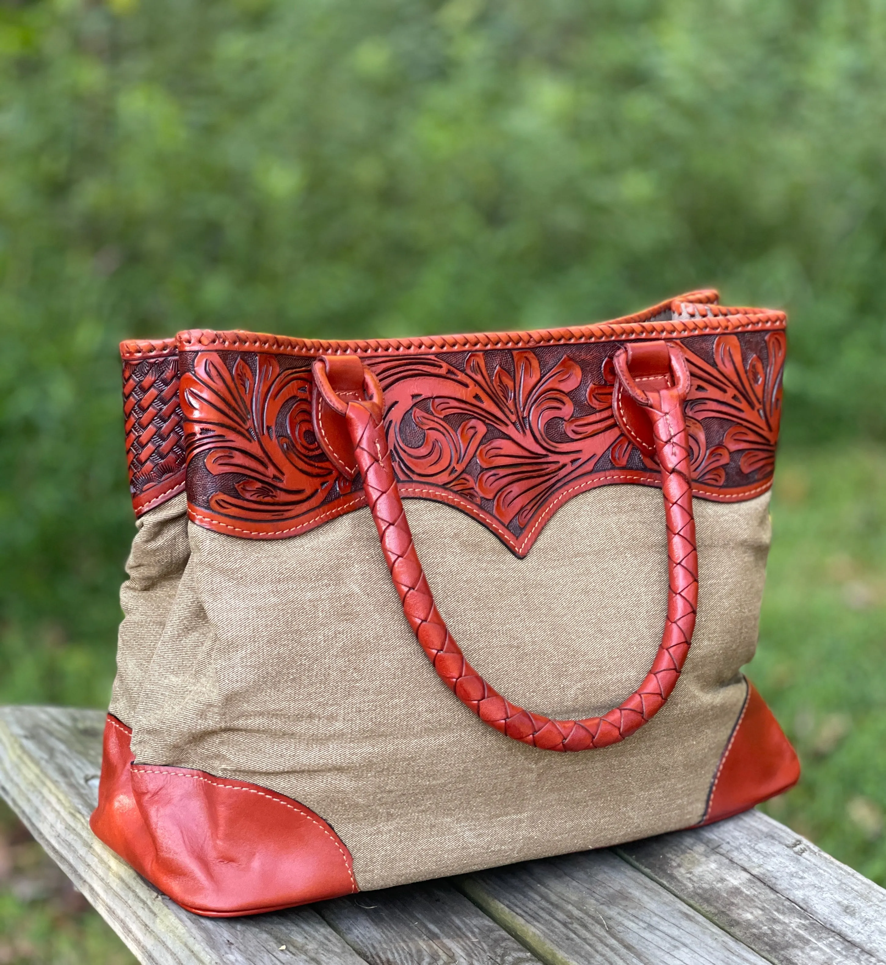 Hand-Tooled Leather & Denim Tote "Denim" by ALLE more Colors