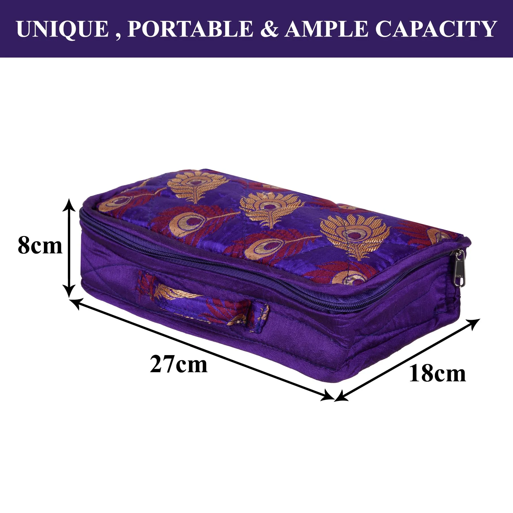 Kuber Industries Jewellery Kit | Satin Morpankh Print Jewellery Kit | 4 Flappable Pouches & 2 Extra Compartment | Cosmetic Kit for Necklace | Bracelet | Pack of 2 | Purple