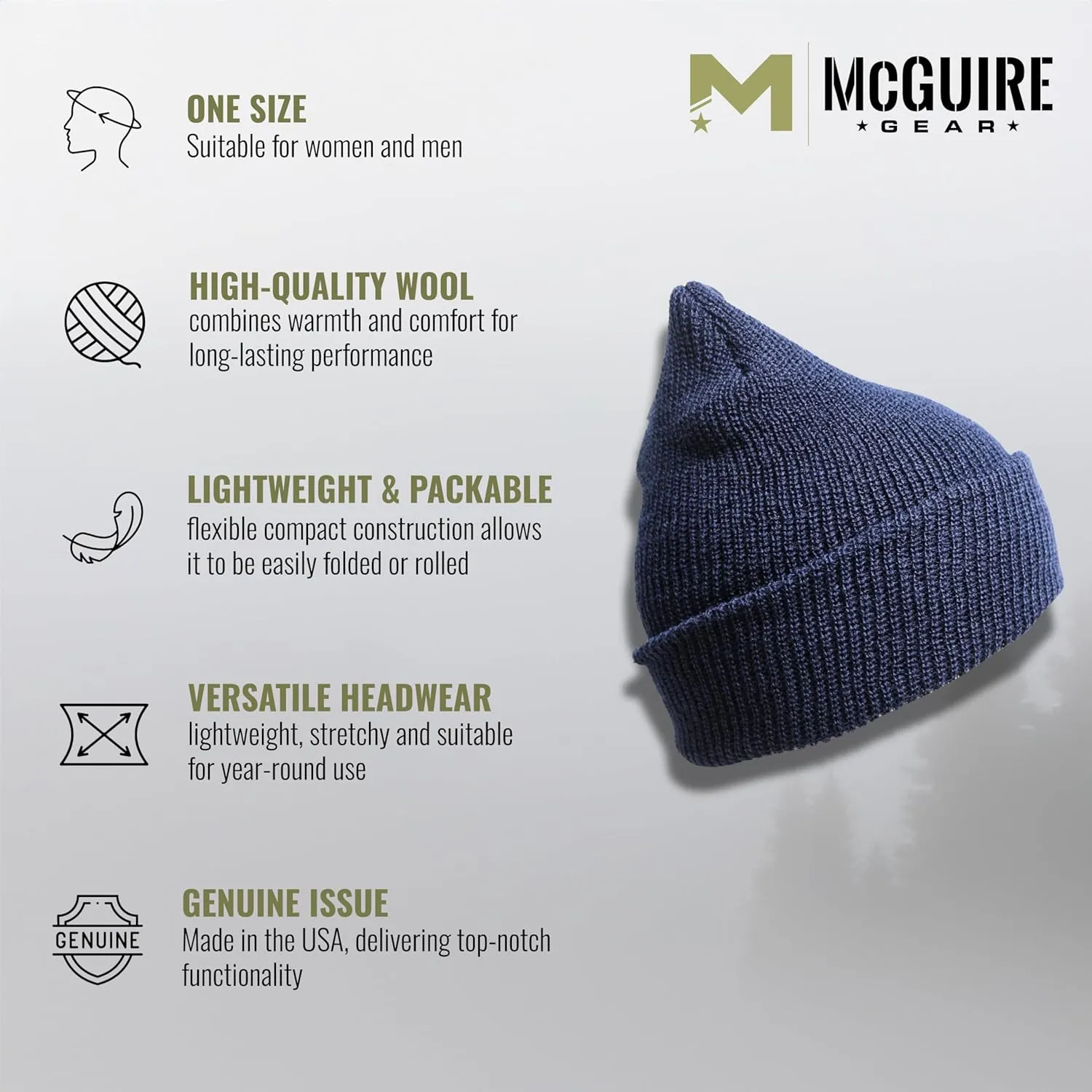 M MCGUIRE GEAR Warm Wool Military GI Watch Cap, 100% Wool US Made Tactical Beanie, Winter Hat for Men and Women - One Size