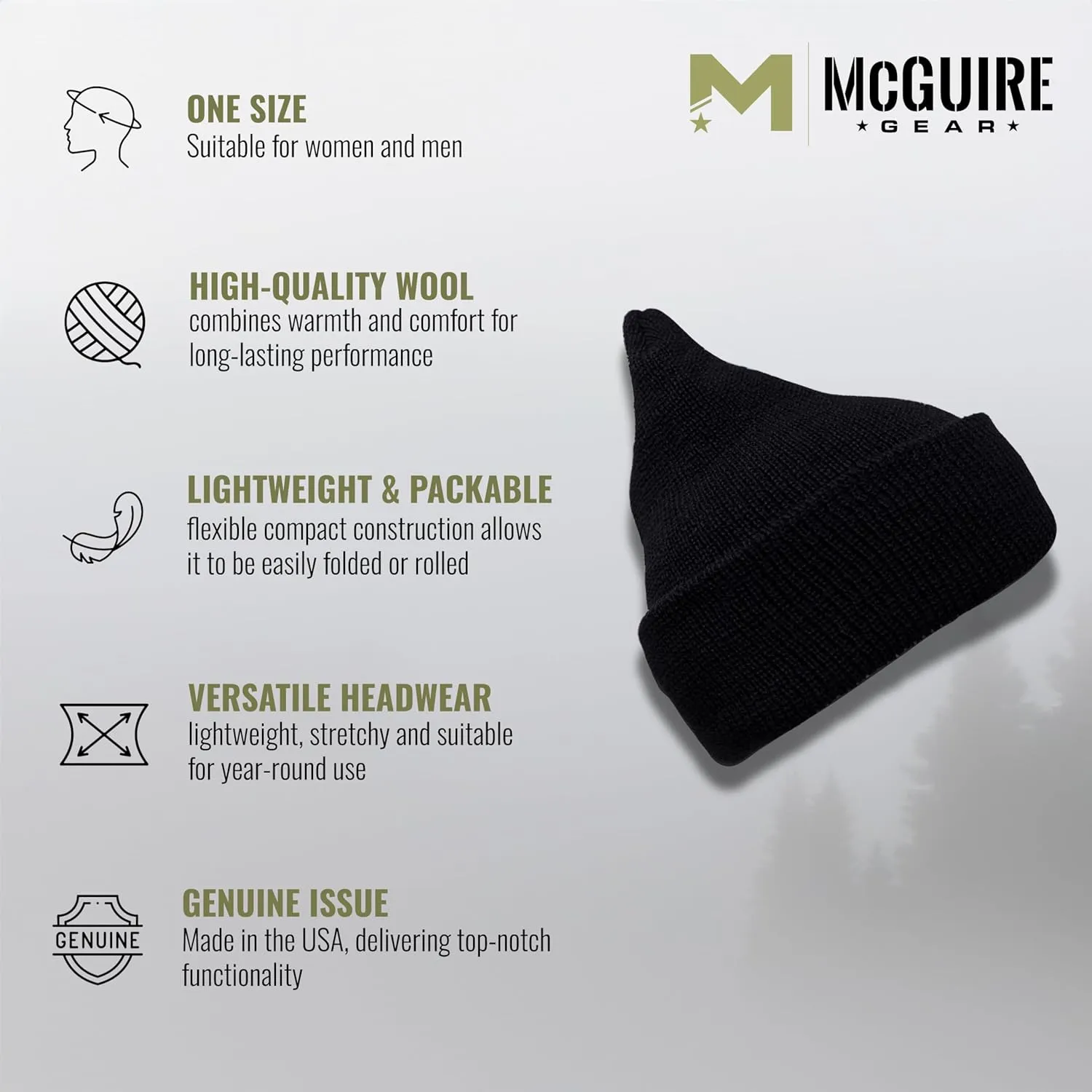 M MCGUIRE GEAR Warm Wool Military GI Watch Cap, 100% Wool US Made Tactical Beanie, Winter Hat for Men and Women - One Size