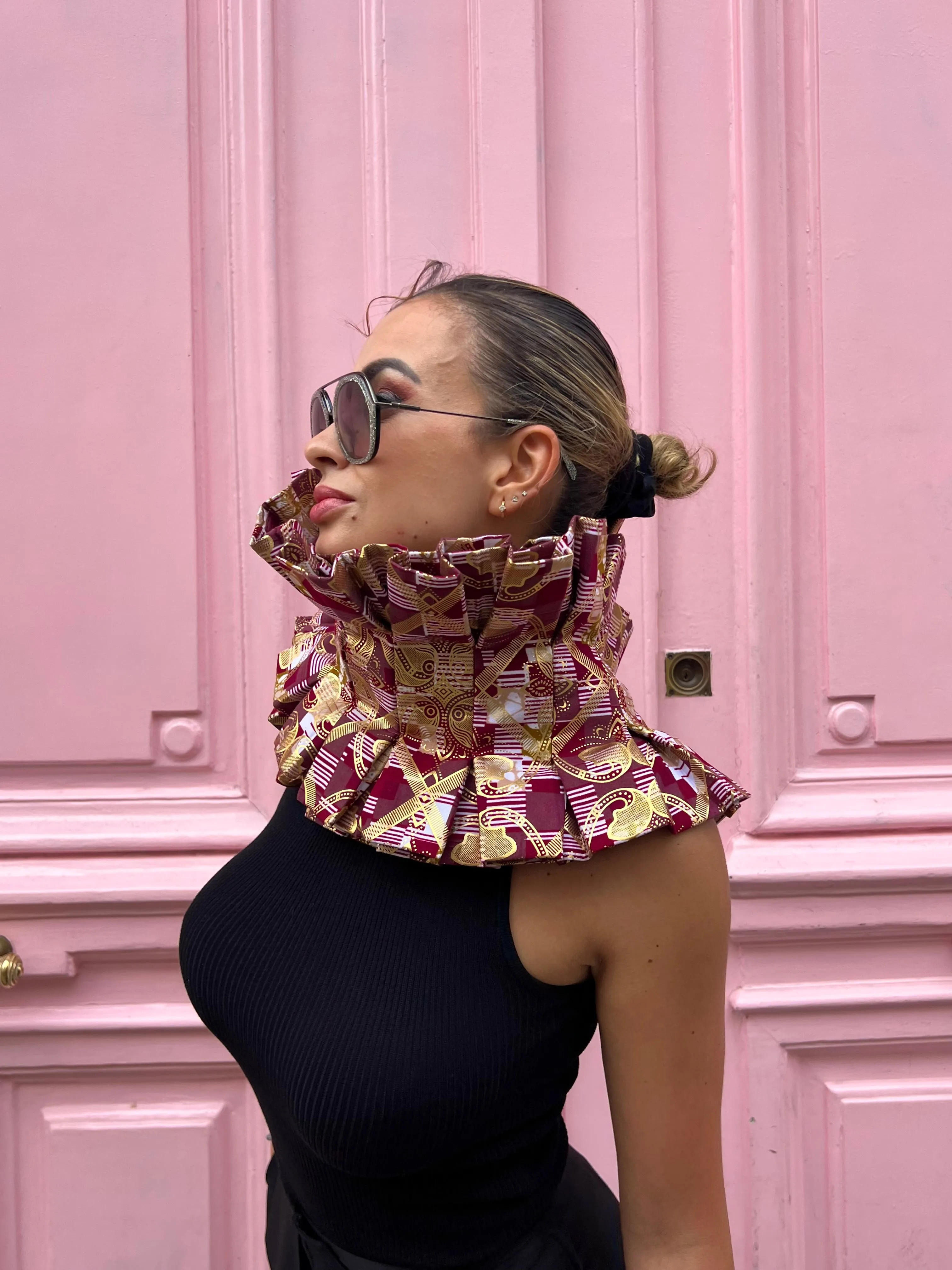 One-Of-Kind Comme-Tu-Veux 5 Way Wrap with Gold Detail, Dramatic Version.