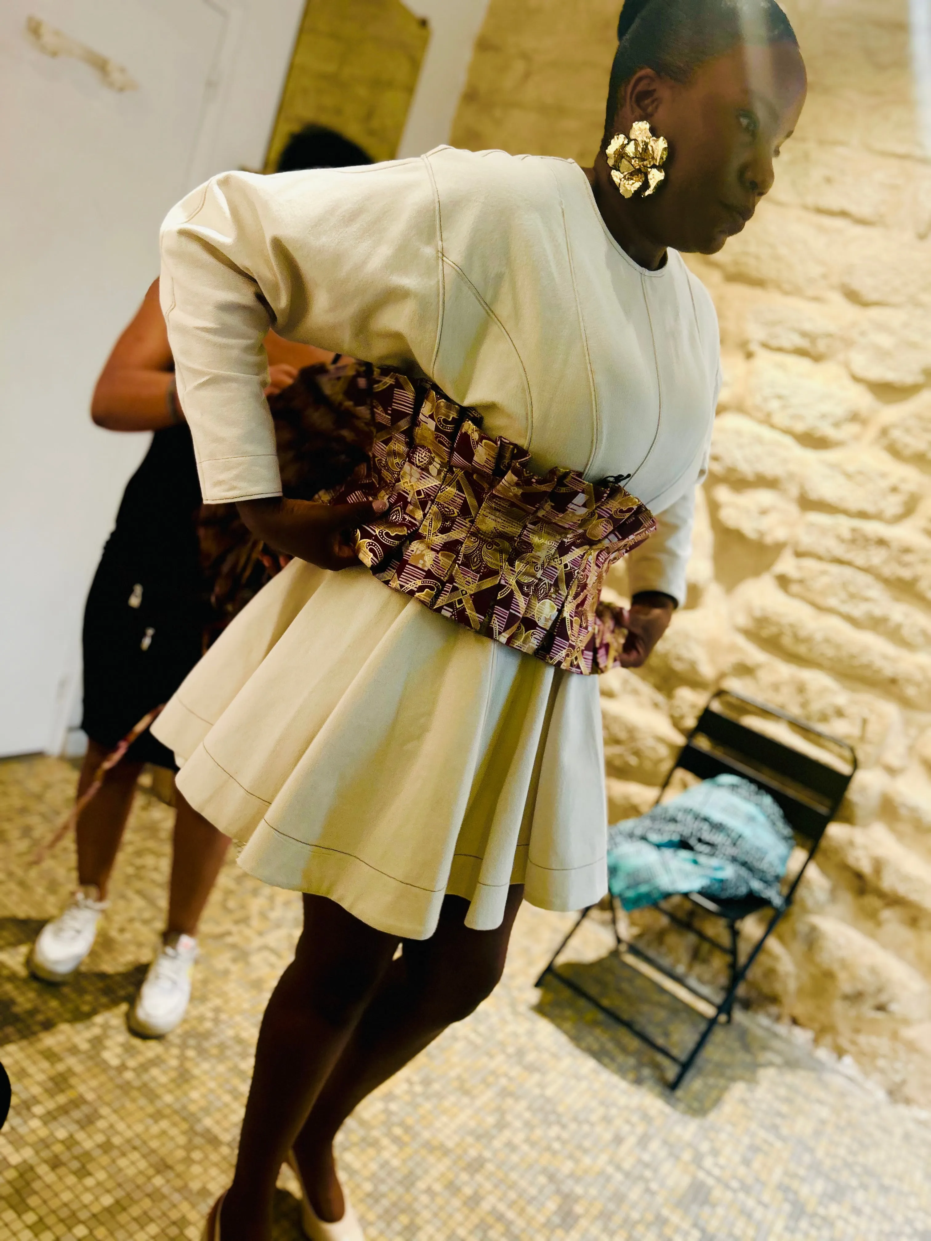 One-Of-Kind Comme-Tu-Veux 5 Way Wrap with Gold Detail, Dramatic Version.