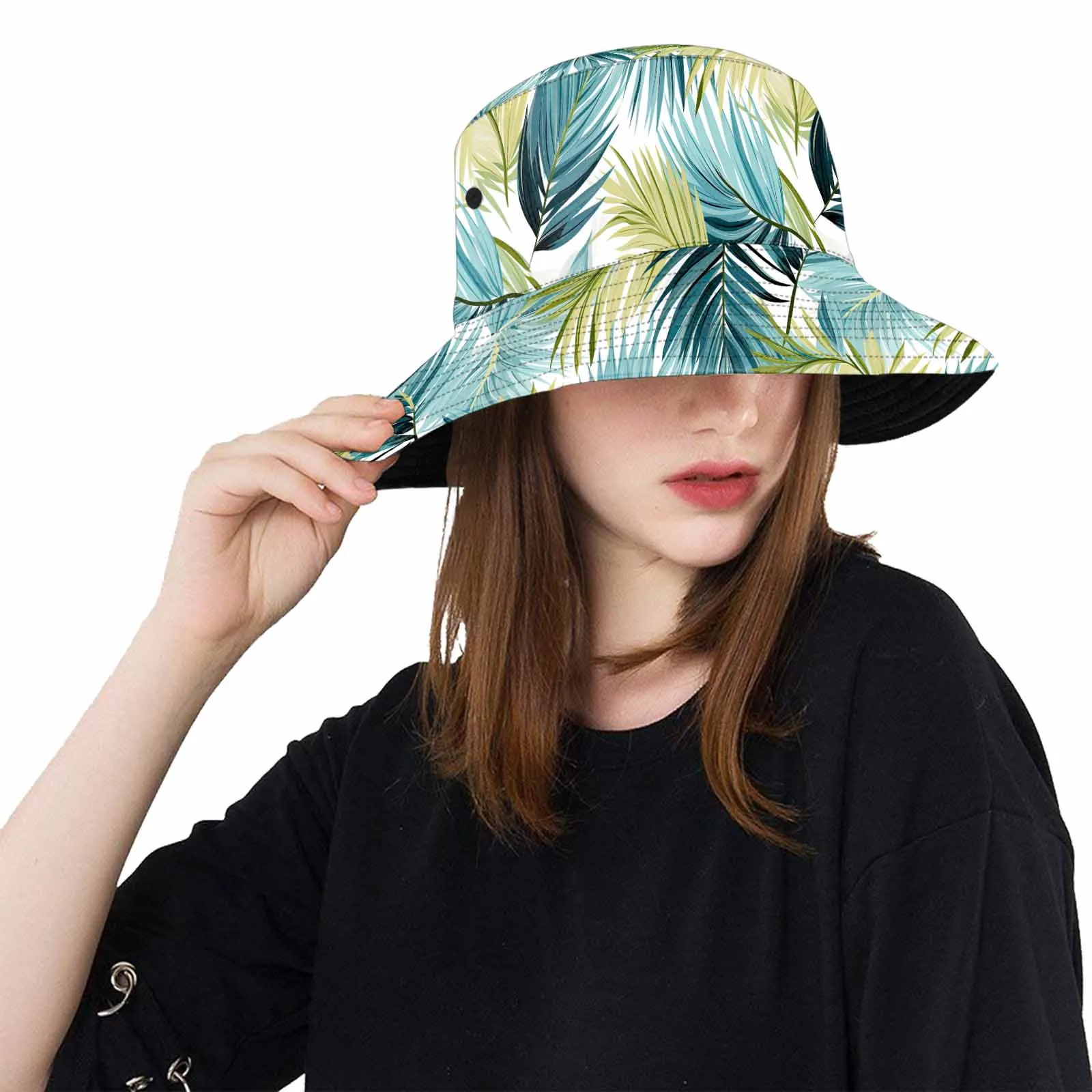 Palm Leaves Blue Green  Unisex Summer Single-Layer Bucket Hat