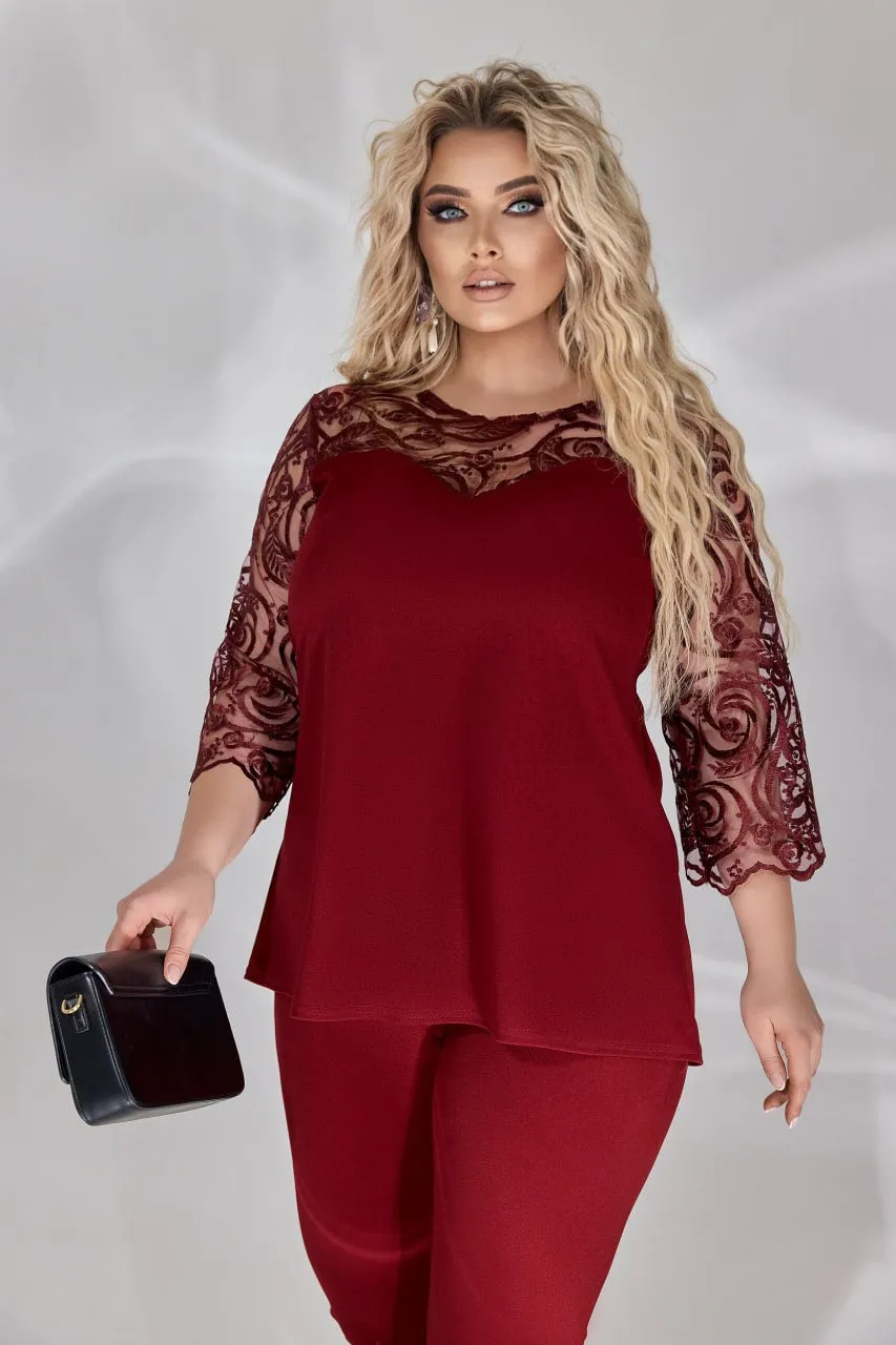 Pants and embroidered blouse set