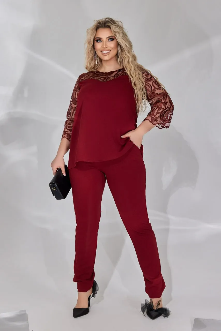 Pants and embroidered blouse set