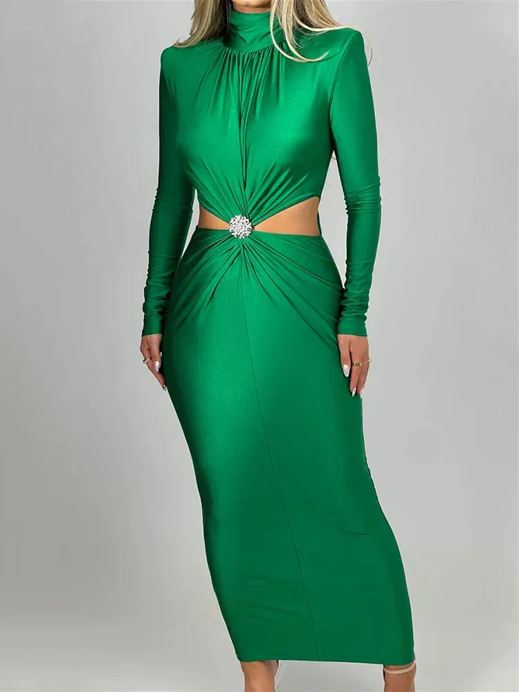 Serena Embellished Cut-Out Turtleneck Bodycon Midi Dress