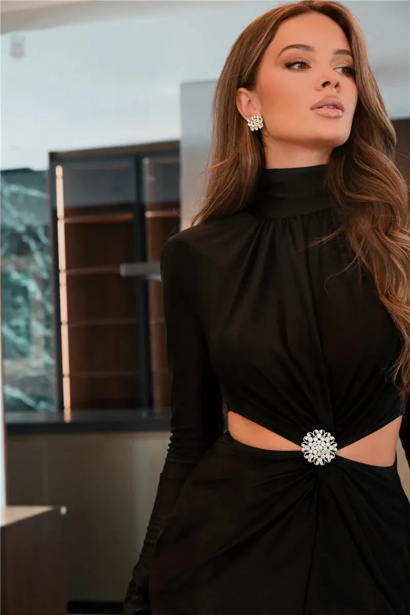Serena Embellished Cut-Out Turtleneck Bodycon Midi Dress