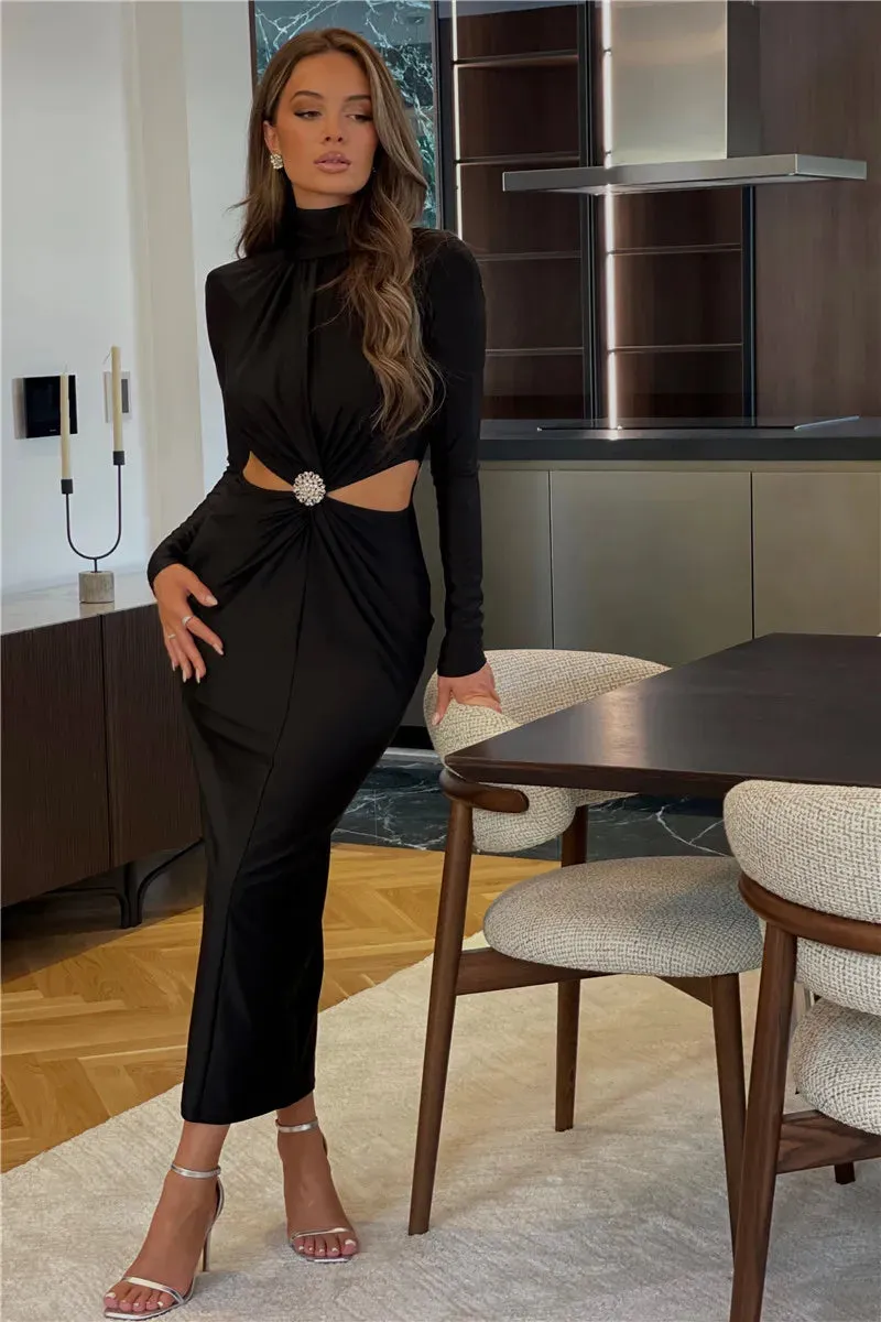 Serena Embellished Cut-Out Turtleneck Bodycon Midi Dress