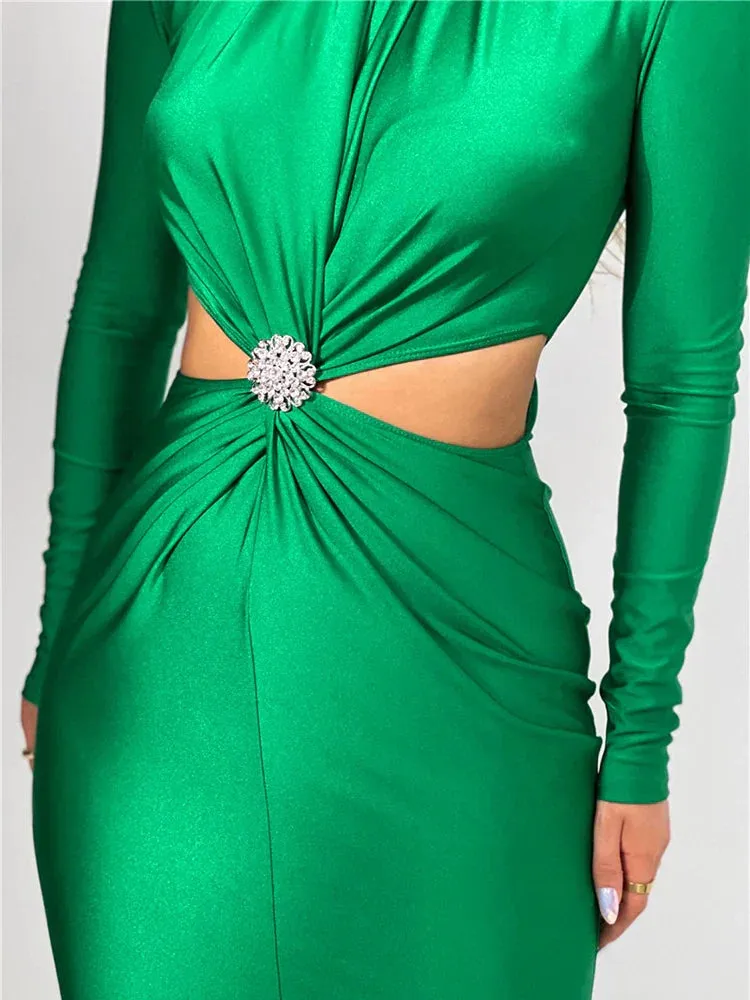 Serena Embellished Cut-Out Turtleneck Bodycon Midi Dress
